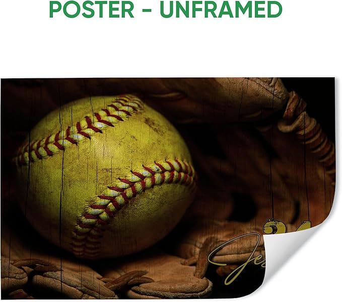 Personalized Softball Poster & Framed Canvas - Softball And Gloves Vintage Home Office Decor, Custom Name Number Bedroom Living Room Aesthetic Wall Art Gift For Daughter, Softball Player