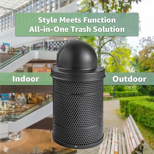 32 Gallon Perforated Recycle Container with Plastic Dome Lid, Steel Outdoor Heavy-Duty Commercial Trash Can, Black Round Waste Bin, Durable Garbage Can for Municipalities, Schools, Parks, Parking
