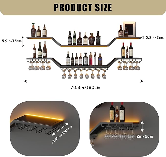 70.8in Modern LED Wine Rack Wall Mounted, 3-Tier Floating Bar Shelves with Wine Glass Rack, Large Hanging Liquor Shelf Wall Mounted, for Home Bar Dining Room Cafe Decorative (Black, 70.8in/180cm)