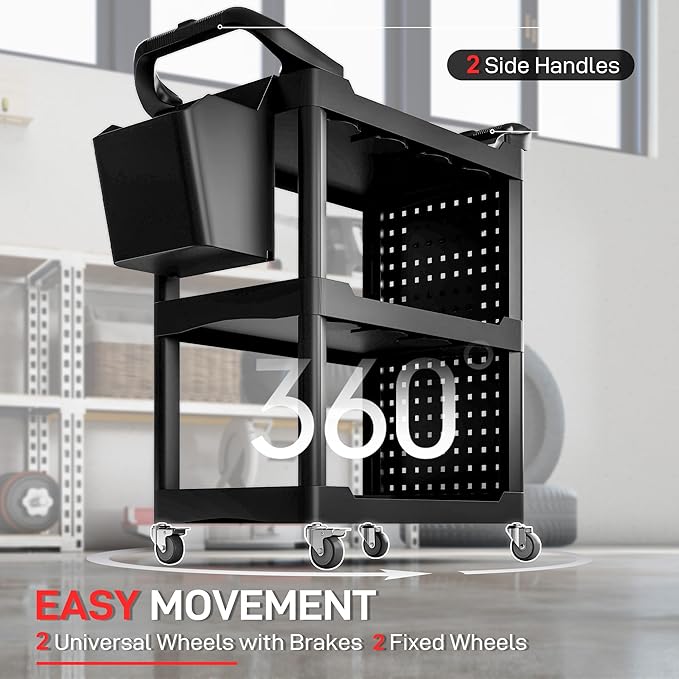 HOMCOM 3 Tier Utility Cart on Wheels, Rolling Tool Storage with Pegboards and Bucket, 200 LBS Load Capacity Plastic Service Cart for Garage, Warehouse, Workshop, Black