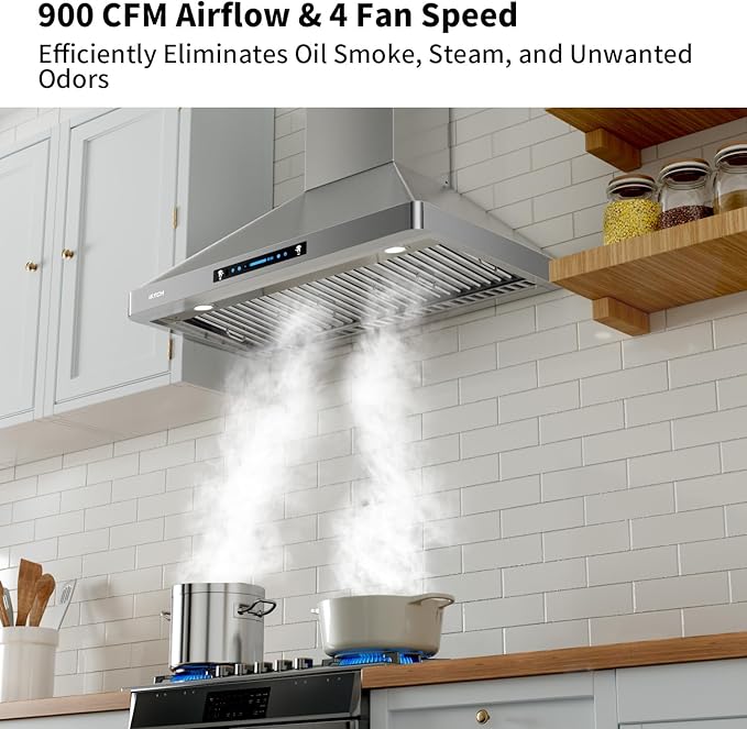 IKTCH 30-Inch Wall Mount Range Hood, 900 CFM, Stainless Steel, Gesture Sensing & Touch Control, 4-Speed Fan, Adjustable LED Lights, Ducted/Ductless Convertible