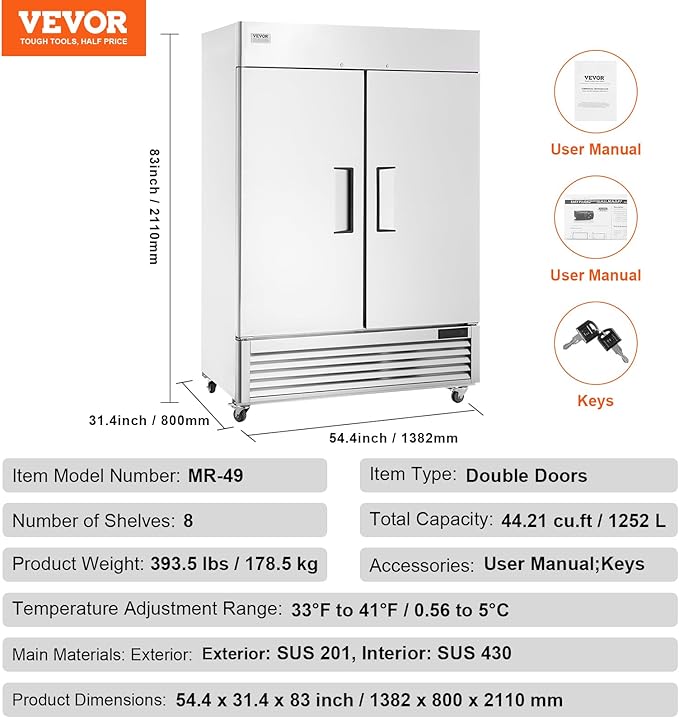 VEVOR Commercial Refrigerator 44.21 Cu.ft, Reach In 54.4" W Upright Refrigerator 2 Doors, Auto-Defrost Stainless Steel Reach-in Refrigerator with 8 Shelves, 33 to 41℉ Temp Control, LED Light, 4 Wheels