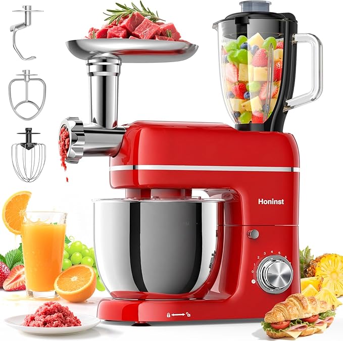 Stand Mixer, 7-IN-1 6.5QT 660W Multifunctional Electric Kitchen Mixers with Blender, Meat Grinder, Dough Hook, Whisk and Beater, 8-Speed Food Mixer for Baking, Cooking, Food Processing, Red
