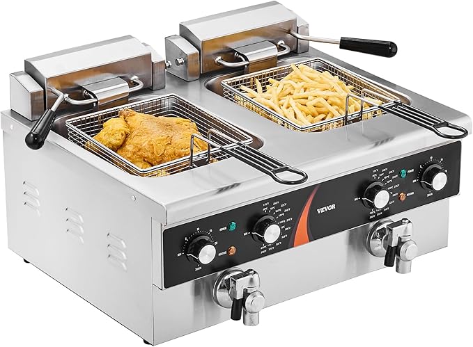 VEVOR Commercial Deep Fryer, 2 x 9Qt / 8.5L Double Oil Fryer with 2 Baskets, 1mm Thickened Stainless Steel, Dual Tank 3500W Electric Countertop Fryer， Time & Temp Control, for Kitchen Restaurant Use