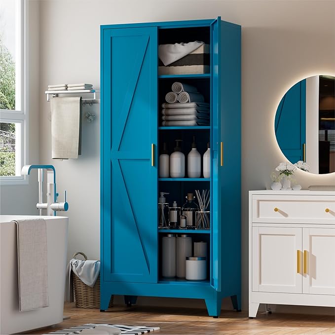 Metal Kitchen Pantry Cabinet,71" Tall Blue Pantry Cabinet with 2 Doors and 4 Adjustable Shelves, Farmhouse Storage Freestanding Cupboard for Kitchen,Home Office Living Room,Dining Room