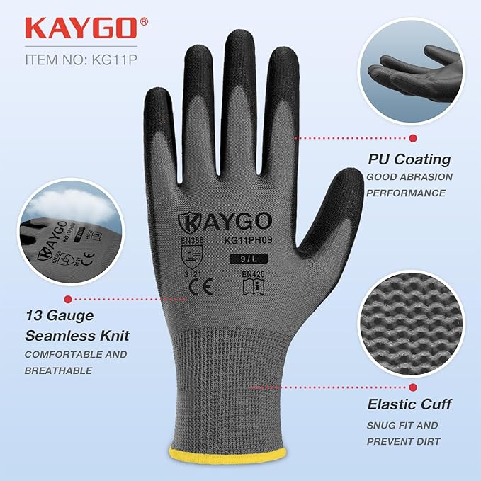 KAYGO Safety Work Gloves PU Coated, 60 Pairs KG11PB, Seamless Knit Glove with Polyurethane Coated Smooth Grip on Palm & Fingers, for Men and Women (X-Large, Gray)