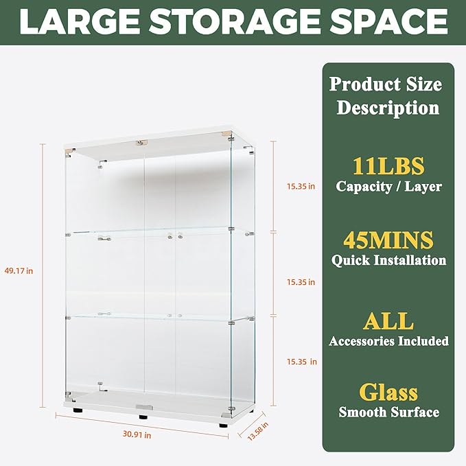 Glass Display Cabinet with LED, 3 Shelves with 2 Doors, Curio Storage Cabinets with Lock for Living Room, Office, Floor Standing Glass Bookshelf, Quick Installation - White
