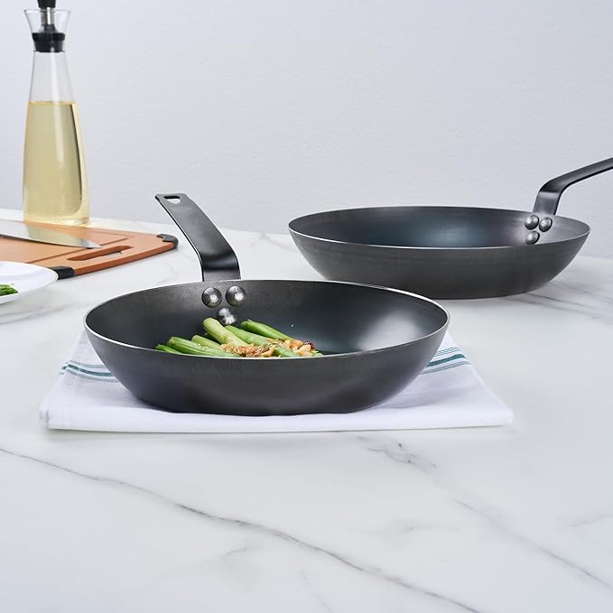 Restaurantware-Met Lux 9.5 Inch Fry Pans, 6 Lightweight Frying Pans - Induction-Ready, Triple-Riveted, Black Carbon Steel Cooking Skillets, Durable, For Searing, Sauteing, And Browning Food