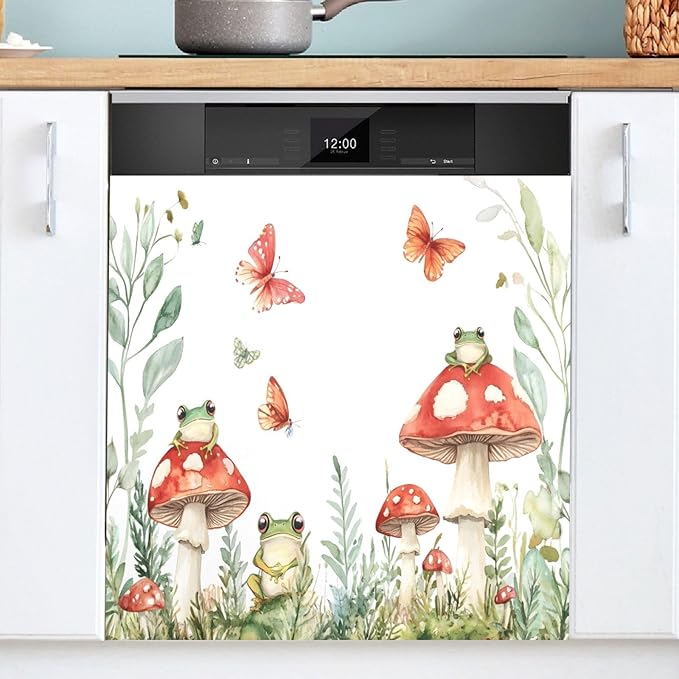 Dishwasher Magnet Cover, Mushroom Frog Butterfly Magnet Sticker Fridge Panel Decal for Home Kitchen Decor, 23x26in