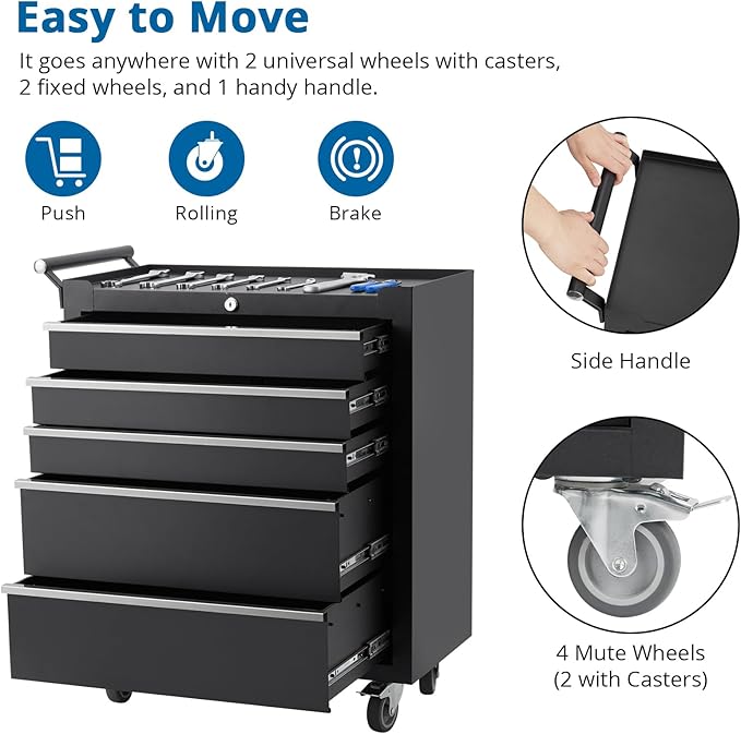 IDEALHOUSE Rolling Tool Chest, 5 Drawers Tool Storage Cabinet, Toolbox with Wheels, Portable Tool Cabinet Organizer with Locking System & Drawer Liners, Tool Storage Cart for Garage, Workshop, Black