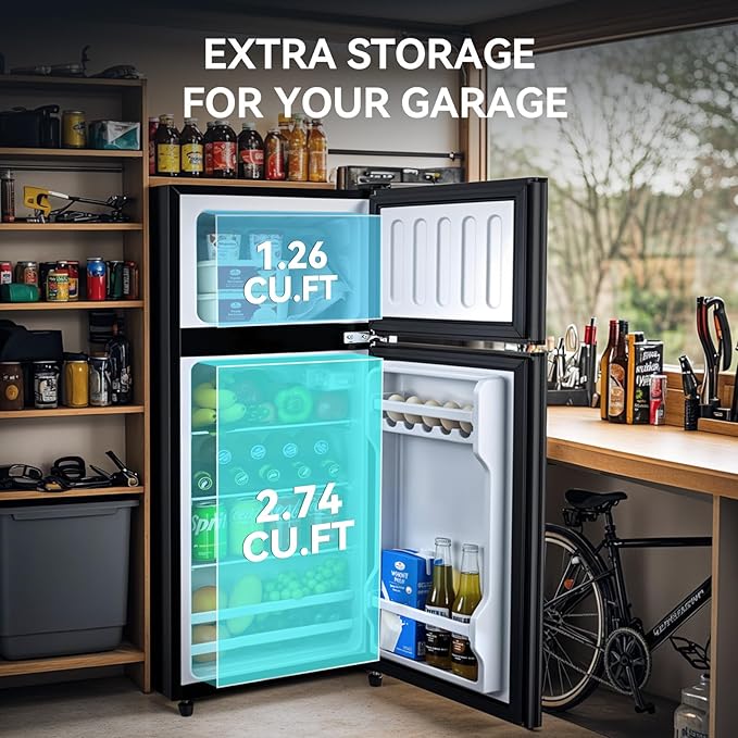 4.0 Cu.Ft Fridge with Freezer, Double Door Refrigerator with 6 Level Thermostat, LED Light, Adjustable Glass Shelves for Bedroom, Office, Dorm, Apartment, Black