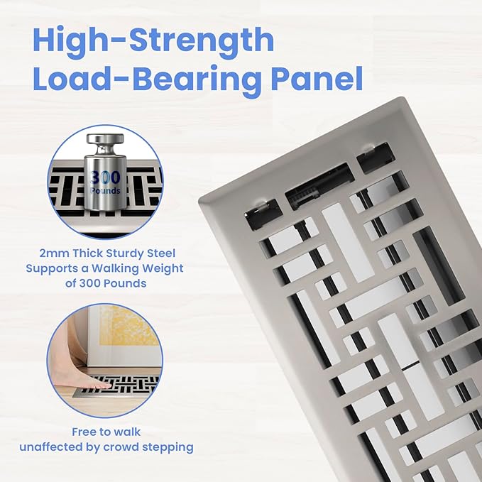 4x10 Inches Heavy Duty Walkable Floor Register Easy Adjust Air Supply Lever Floor Vents - Seattle Design - Vent Cover for Home Floor - Satin Nickel