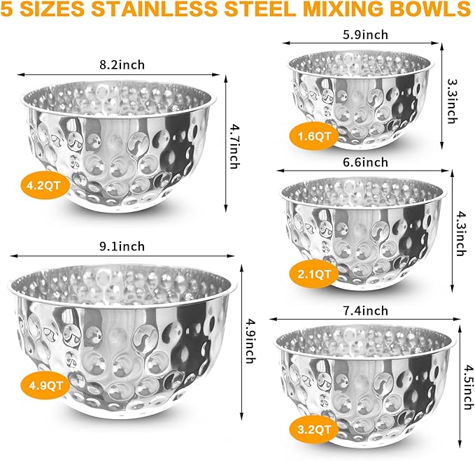 5 Pack Stainless Steel Mixing Bowls Set, Hammered Silver Finish, Nesting Design Metal Salad Bowls Set, 1.6-4.9 QT Capacity, Dishwasher Safe for Cooking, Serving, Food Containers Meal Prep Kit, No Lid