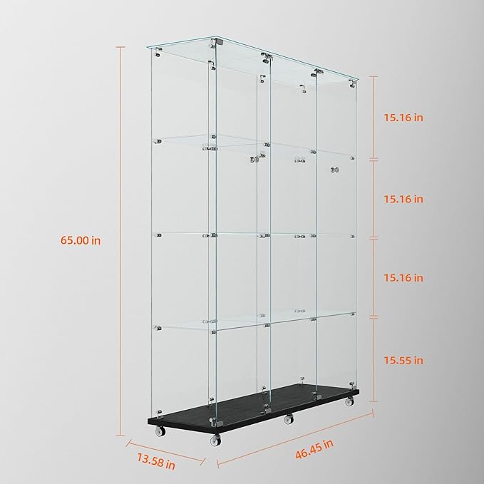 Yoluckea 4 Tiers Glass Display Cabinet Extra Large with Bluetooth LED Light Strip, 2 Doors Floor Standing Curio Cabinet with Universal Wheel for Home, Black Glass Bookshelf for Collections, Clear Top