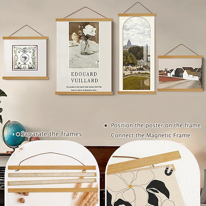 2 Pack Magnetic Poster Hanger Frame, 40x27 40x30 40x60 Light Wood Wooden Magnet Canvas Artwork Print Dowel Poster Hangers Frames Hanging Kit (Teak Wood, 40", 2 Packs)