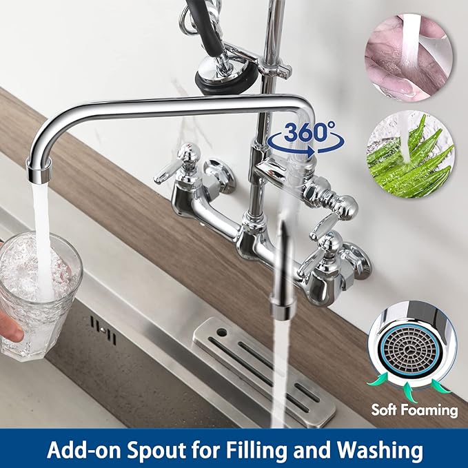 Commercial Sink Faucet with Sprayer, 8 Inch Center Wall Mount Kitchen Faucet with 12” Swing Spout 36” Height Compartment Sink for Restaurant Industrial, Chrome Polished