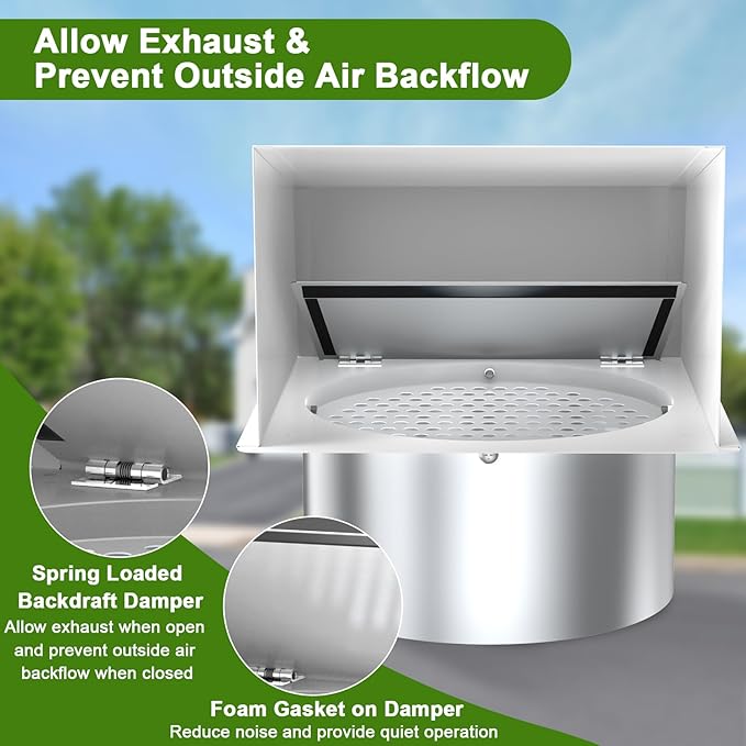 6 Inch Hooded Wall Vent Cover, Dryer Wall Vent Cover Outside with Screen & Damper, Wall Exhaust Vent Cover, Outdoor Air Vent Cap for Range Hoods/Kitchen/Bathroom/Laundry/Basements/Garages, White
