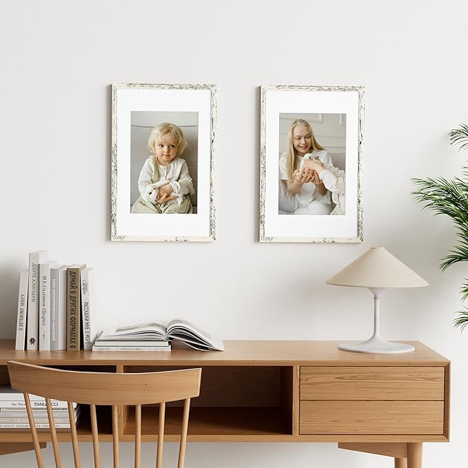 Vittanly 11x17 Picture Frame Set of 2, Solid Wood Frame for Wall Art Photo and Prints, Display Photo 8x12 with Mat or 11x17 without Mat, Distressed White