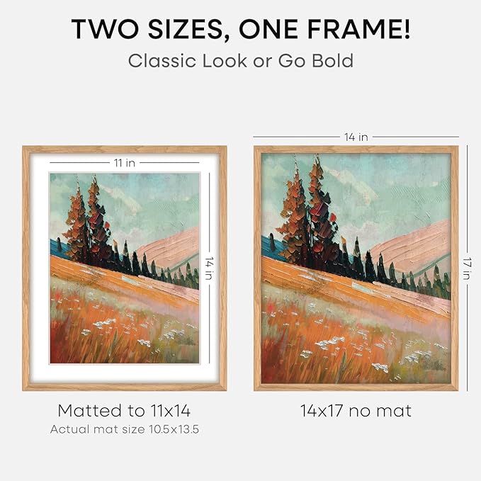 Homeforia 14x17 Picture Frame Wood, High End Natural Oak 14x17 Light Wooden Poster Frame with Mat 11x14, 14 x 17 Frames Matted to 11 x 14 Photo, 17x14 Hanging Frame, Tempered Glass, Wall Kit, Set of 3