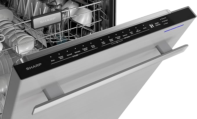 SHARP SDW6757ES Slide-In Dishwasher, Stainless Steel Finish, 24" Wide, Soil Sensors, Premium White LED Interior Lighting, Smooth Glide Rails, Heated Dry Option, Responsive Wash Cycles, Power Wash Zone