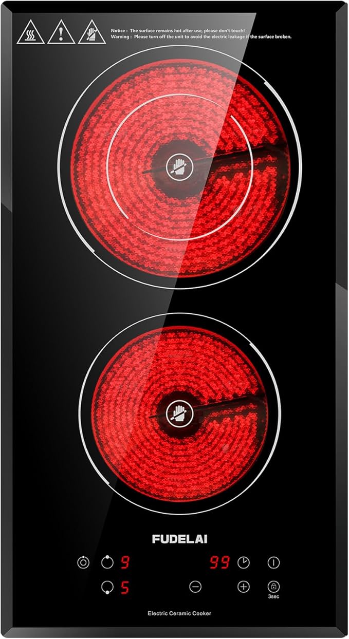 2 Burners Electric Cooktop, Portable Ceramic Cooktop with 9 Power Levels & Timer, 1800W 120V, Child Safety Lock, Built-in/Countertop Use, RV Camping, Safety Auto Shutoff, UL Certified Plug