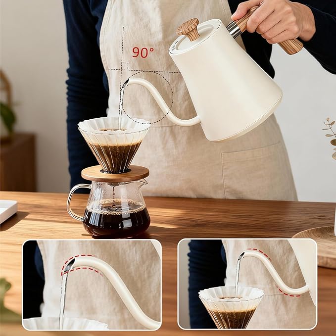 Gooseneck electric kettle,Auto Boil Detection, with Variable Temperature Control, Stainless Steel Inner, Ultra-Quiet 304 Stainless Steel,1200W Quick Heating, for Coffee, Tea & Milk, 0.9L (beige)