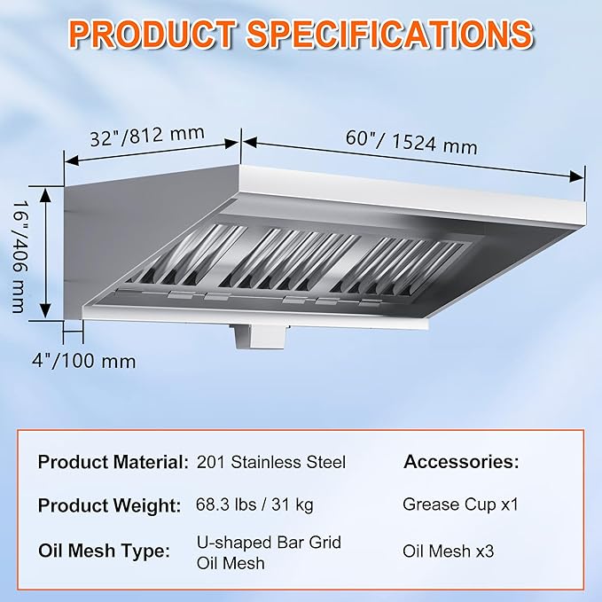 5FT Commercial Kitchen Exhaust Hood Food Truck Vent Hood Durable Stainless Steel Concession Trailer Hood with 3 Removable Hood Filters (No Motor), NSF Listed