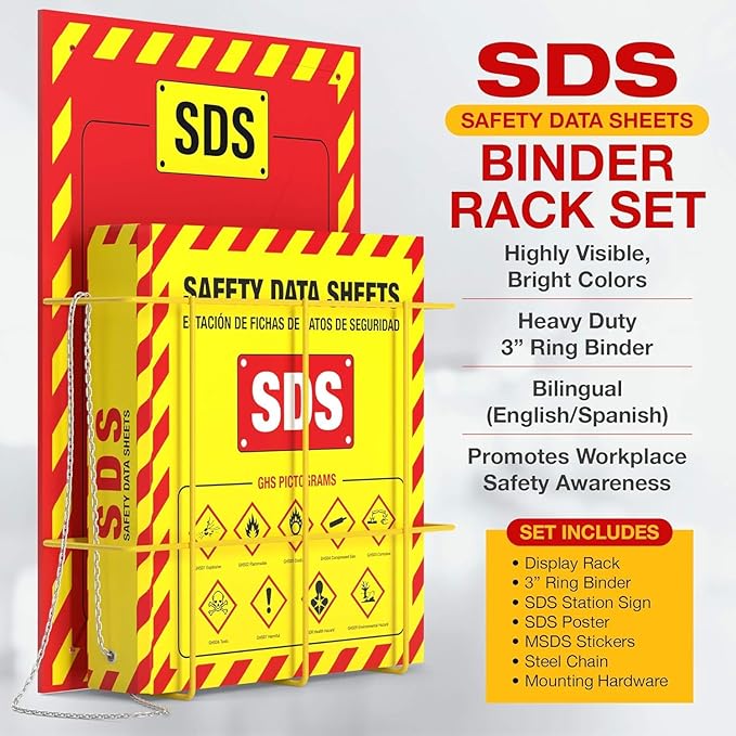MSDS Wall Station - 3 Inch 3 Ring Material Safety Data Sheet Binder with SDS Wire Rack and Display Sign, Chain, Mounting Hardware, SDS Poster, MSDS Labels - Heavy Duty OSHA Yellow Binder (pack of 10)