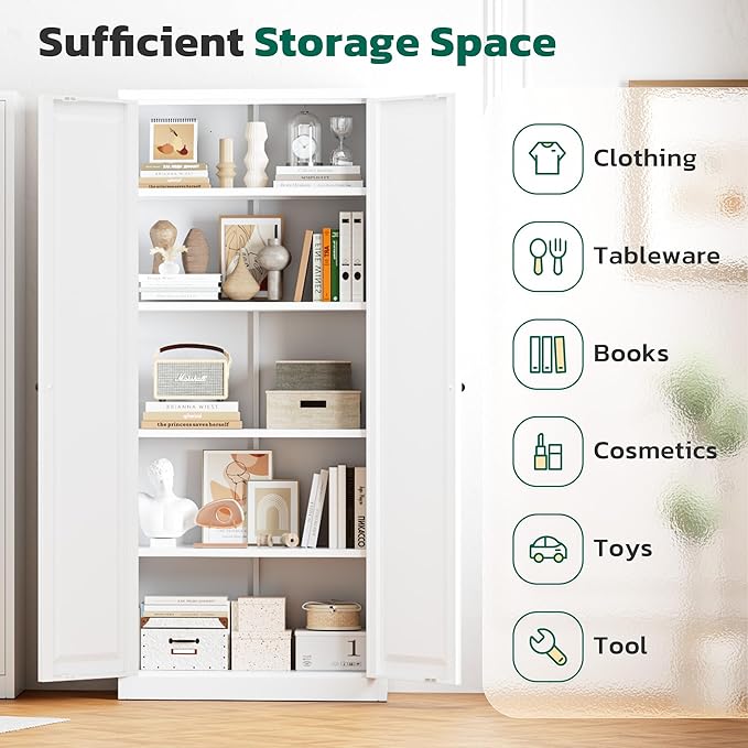 Greenvelly Metal Cabinet, 63" H White Metal Storage Cabinet with Doors and 4 Shelves, Pantry Storage Cabinet for Kitchen, Bedroom, Living Room, Office (Modern)