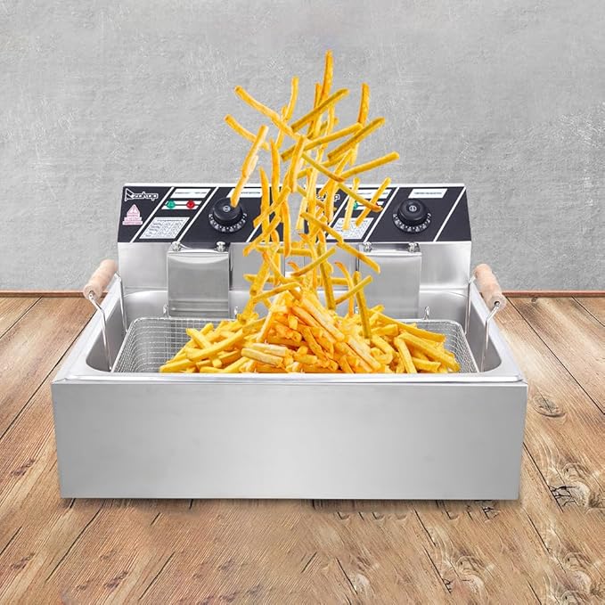23.3QT/22L Commercial Deep Fryer with Basket and Lid, 5000W Electric Fryer, Countertop Oil Fryer for French Fries, Onion Rings, Donuts, Temperature Adjustable 140-392℉, Stainless Steel Single Tank