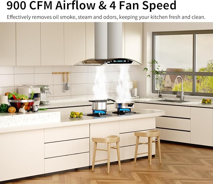 IKTCH Upgrated 30 inch Island Mount Range Hood, 900 CFM Ducted Range Hood with 4 Speed Fan, Stainless Steel& Tempered Glass with Gesture Sensing&Touch Control Making life Smarter IKIS01-30