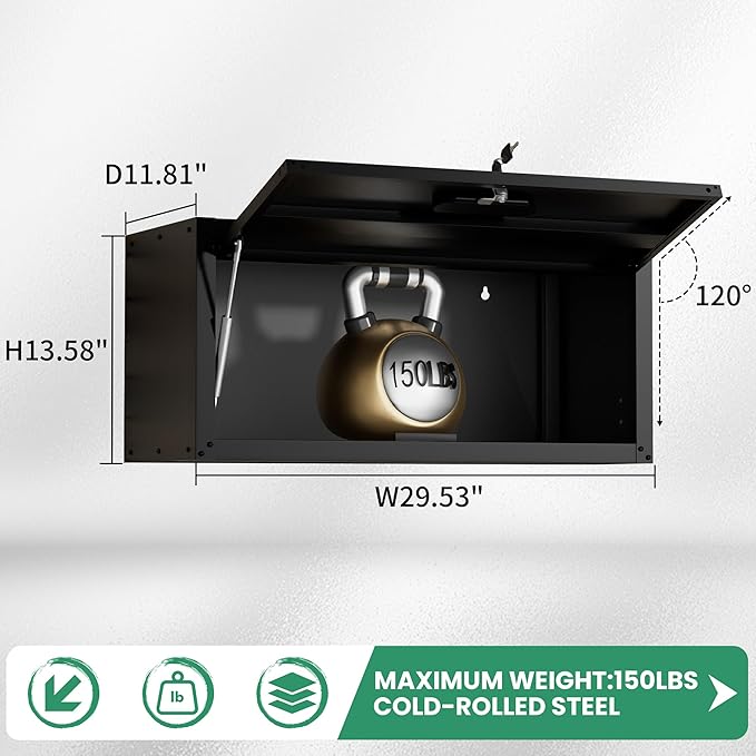 Metal Wall Cabinet,Wall Mounted Garage Cabinets with Lockable Up-Flip Door,Black Hanging Storage Cabinet 130 lbs Capacity,Floating Cabinet for Tool Organization in Basement,Workshop,Kitchen