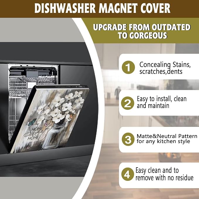Rustic Farmhouse White Flowers Dishwasher Magnet Cover,Pastoral Floral Magnetic Dishwasher Cover Vinyl Sticker,Fridge Door Cover Magnets Art Skin Panel Decal,Home Decor Decal,23"X26"