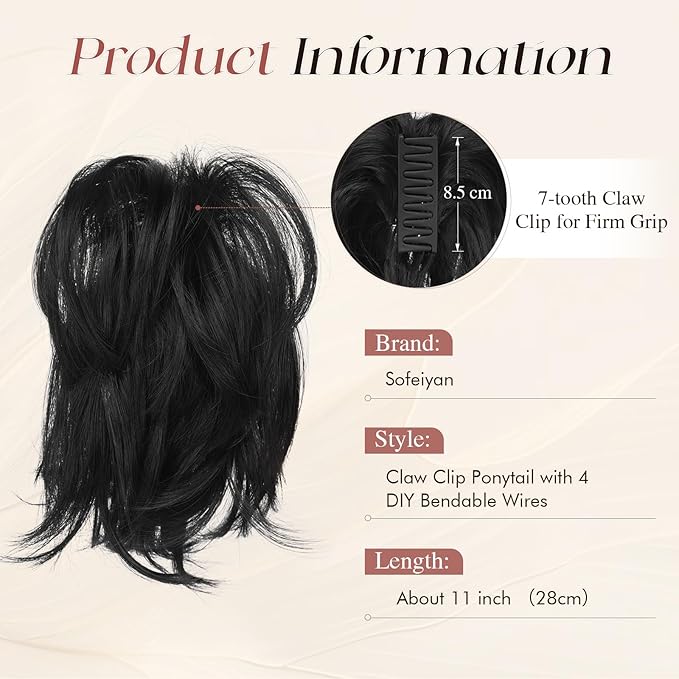 SOFEIYAN Claw Clip Short Ponytail Extension DIY Bendable Wires Hair Bun Fluffy Fake Hair Piece Straight Synthetic Hair Ponytail Extensions for Wonen - Black
