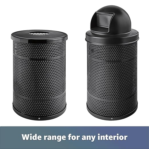 55 Gallon Perforated Trash Can with Plastic Dome Lid, Steel Outdoor Heavy-Duty Commercial Waste Bin, Round Recycle Container, Durable Garbage Can for Parks, Municipalities, Schools, Parking