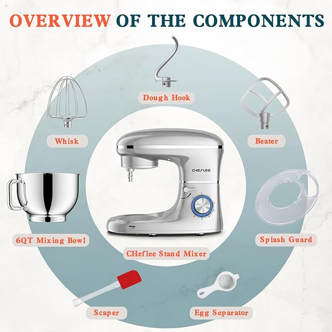CHeflee Stand Mixer,660W 6+P With 6.5QT Stainless Steel Bowl,Dough Hook, Wire Whip & Beater,for Most Home Cooks (Silver)
