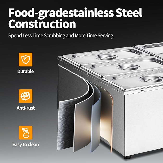 Commercial Food Warmer 48 Qt Stainless Steel Steam Table Countertop Buffet Warmer, 6-Pan 1500W Electric Bain Marie Food Warmer with Adjustable Temperature for Restaurants, Catering, Hotels