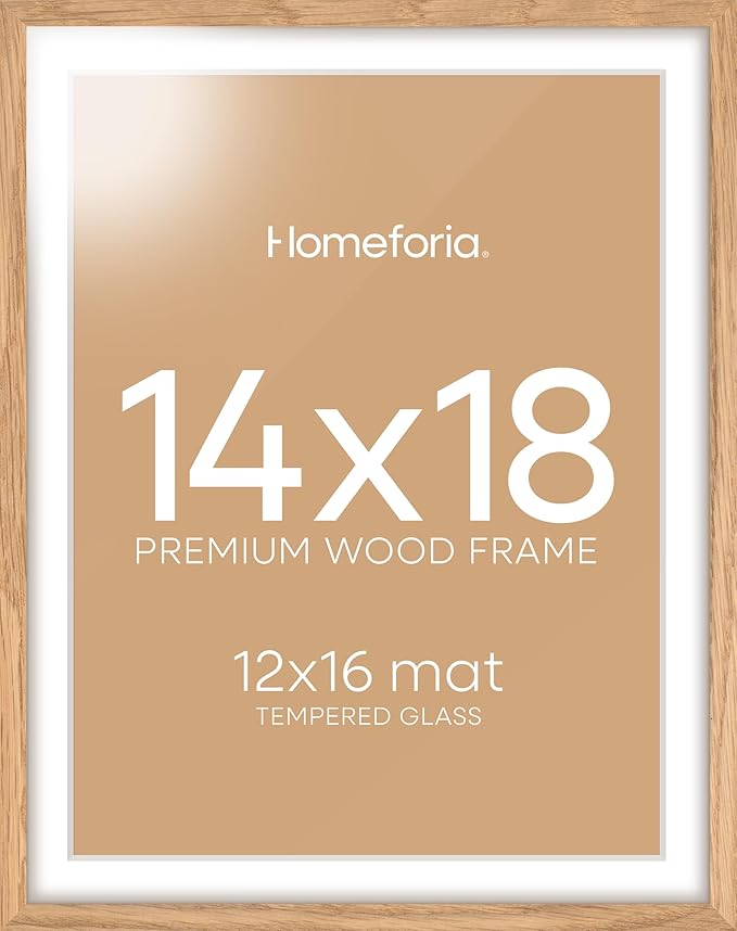 Homeforia 14x18 Picture Frame Natural Wood, High End Oak 14x18 Light Wooden Poster Frame with Mat 12x16, 14 x 18 Frames Matted to 12 x 16 Photo, 18x14 Hanging Frame, Tempered Glass, Wall Kit, Set of 1
