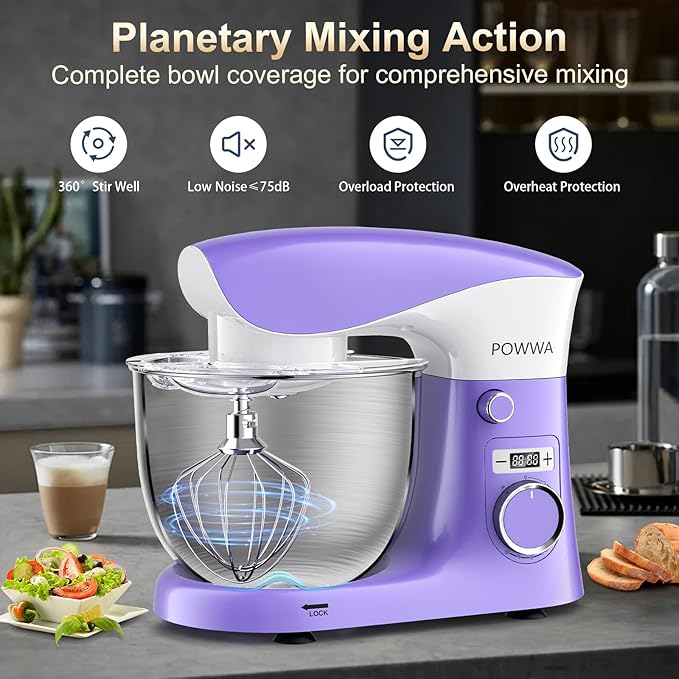 Stand Mixer, 6.5QT 10 Speeds Tilt-Head Electric Stand Mixer, 3-In-1 Kitchen Mixer with Bowl, Dough Hook, Whisk and Beater, Food Mixer for Baking and Daily Use (Purple White)