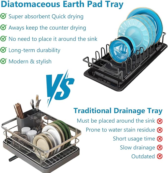 Sink Dish Drying Rack - Expandable Over Sink (15"-20" Fit), Diatomaceous Earth Tray for No-Drain Drying! Compact Dish Drainer for Small Kitchens, Apartments & RVs(Black)