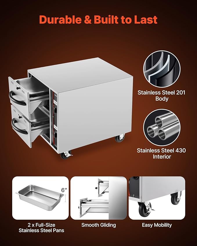 VEVOR Commercial Electric Drawer Warmer,2 Full-Size Pan Stainless Steel Food Warmer,Freestanding Standard Warming Drawer Cabinet,85°F–185°F Wide Temperature Range,for Restaurant, Hotel Buffet & Bakery