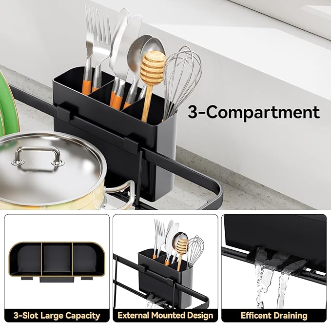 TOOLF Large Dish Drying Rack for Kitchen Counter,Kitchen Dish Racks with Drainboard,Sink Dish Strainer Rack,Countertop Dish Drainer Rack with Cup & Utensil Holders,Black