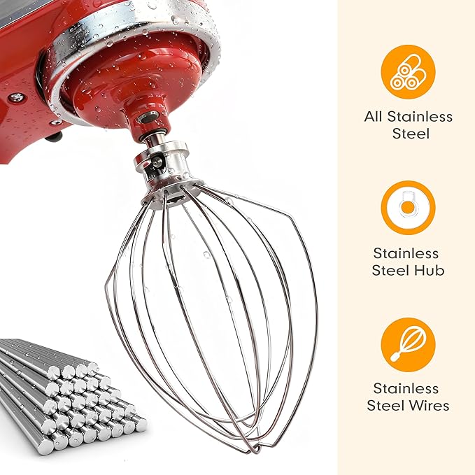 Wire Whip Attachment for KitchenAid 5 Qt Bowl-Lift Mixers, 6-Wire Stainless Steel Whisk Replacement, Heavy-Duty Whip for Beating Eggs, Whipping Cream, Frosting, and Cakes, Dishwasher Safe