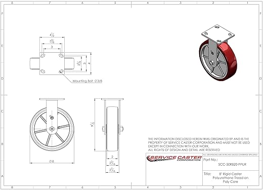 Service Caster Brand Replacement Caster for Uline Caster H-4943R - Rigid Top Plate Caster with 8 Inch Polyurethane Wheel - Heavy Duty Replacement Caster - Fits Platform, U-Boat and Panel Trucks H-4148