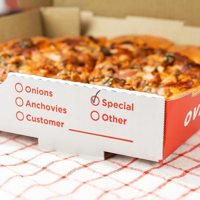 Karat Pizza Boxes 14" x 14" [50 Pack] Classic Red Print Grease-Resistant Corrugated Pizza Box, Ventilated & Convertible to Plate, Perfect for Personal & Pizzas