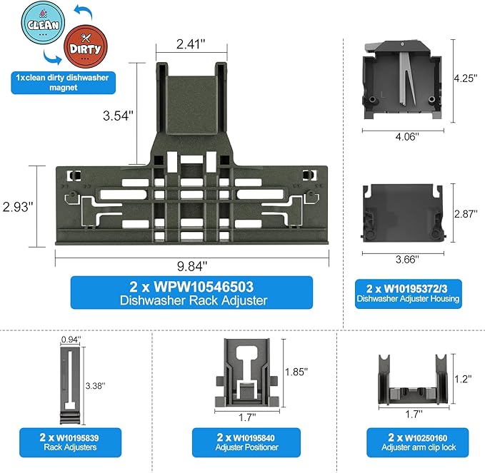 Upgraded WPW10546503 W10546503 Dishwasher Upper Rack Adjuster Assembly & W10195372/3 Dishrack Adjuster Housing for Kitchenaid Dishwasher Parts KDTE334GPS0 KDFE104HPS0 Top Rack Adjuster, 10Packs