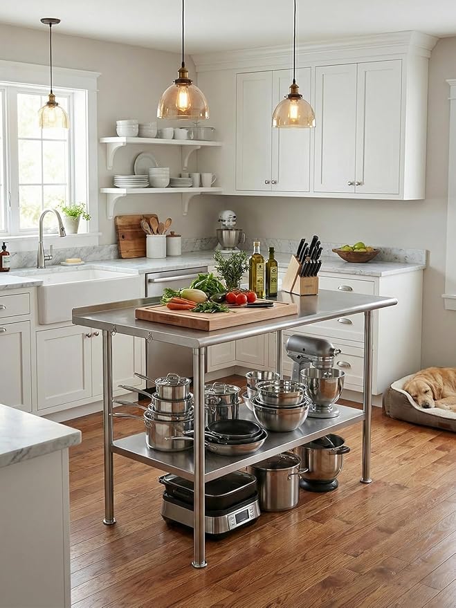 All-Stainless Steel Prep Table, 30 X 48 Inch, with Rounded-Corner Backsplash and Adjustable Undershelf, Heavy-Duty for Outdoor Use,Restaurants,Hotels,Workshops,Kitchens,Gardens, and Garages