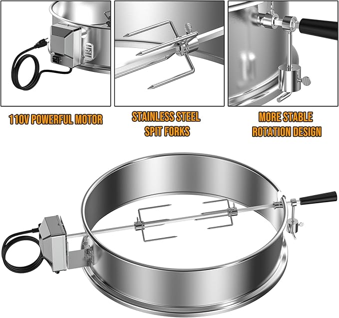 Skyflame Charkettle Stainless Steel Rotisserie Ring Kit for 21 1/2–22 1/2 inch Outer Diameter Charcoal Kettle Grills, Compatible with Weber 2290 and Other Models