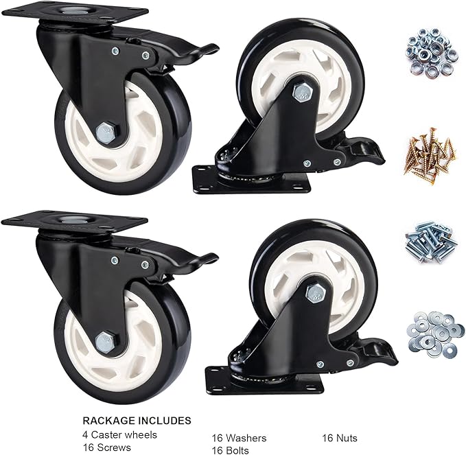 Heavy Duty Locking Caster Wheels with Brake, Non-Marking Swivel Casters Set for Cart & Furniture, 4 Inch Set of 4 / Black
