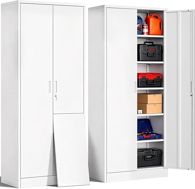 CJF Metal Storage Cabinet, 72" H Locking Storage Cabinet with Adjustable Shelvesand Doors, Metal Cabinets for Office/Home/Garage/School-White